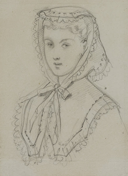 Tête féminine avec coiffe et fichu de dentelle 1866 1867