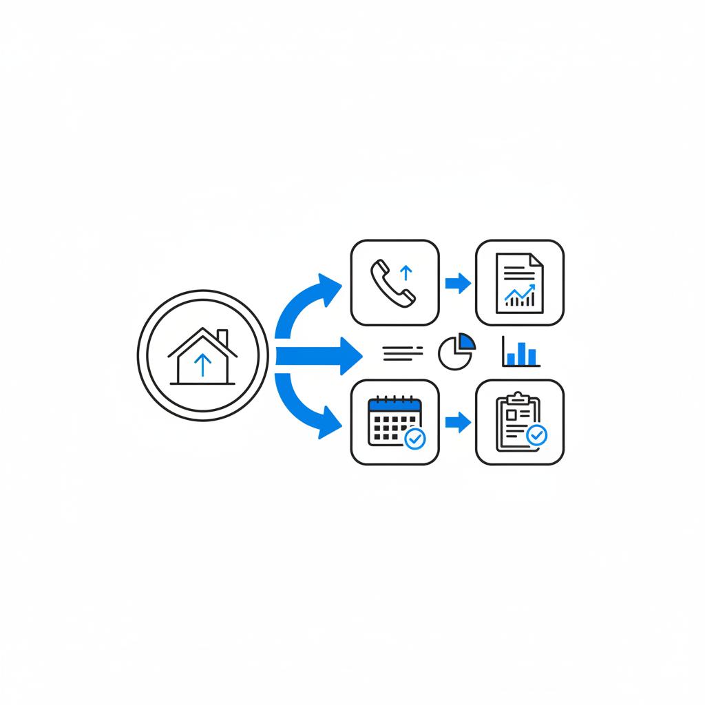 Minimal 2D vector lead-management flowchart showing an Angi listing source branching to qualifier, site visit, estimate and booked-job steps using phone, calendar and invoice icons on white background