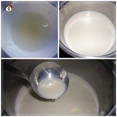 Đun ấm sữa và kem tươi, tắt bếp cho vào khoảng 30ml cà phê. Cho galetin đã chưng cách thủy vào, khuấy đều. 