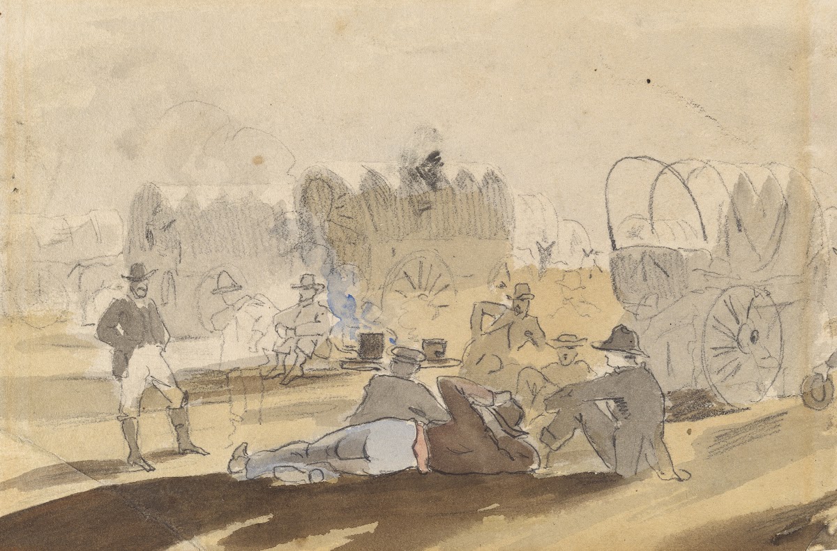 Caravan with Covered Wagons Resting recto 1861