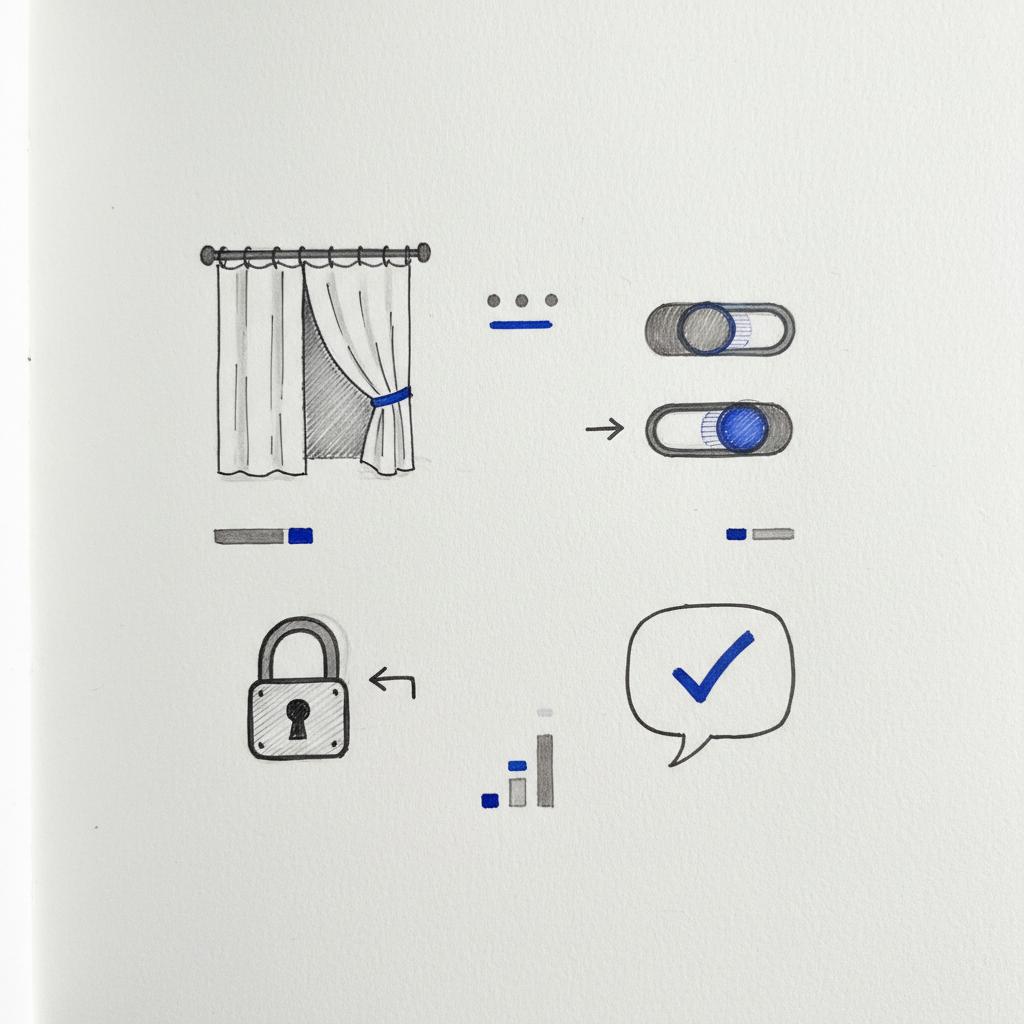 Minimal notebook sketch of privacy icons &mdash; curtain, toggle switches, lock, and speech-bubble check on white textured paper. Nextdoor who viewed my profile