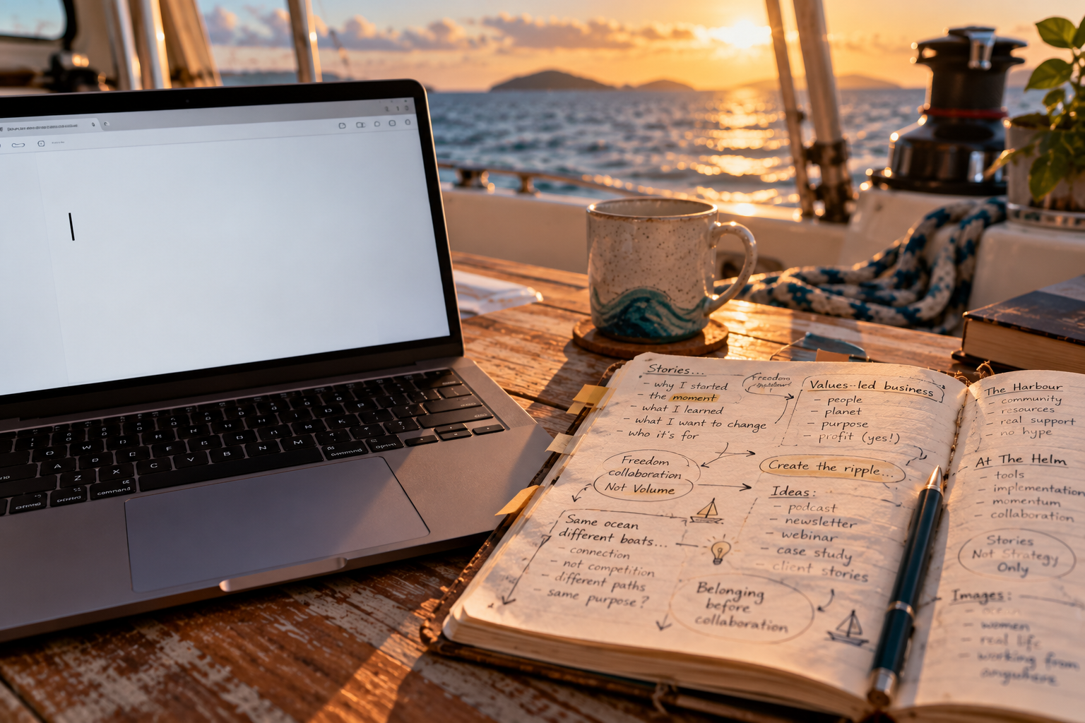 Phone with a half-written note on a boat table in afternoon light, capturing a business story
