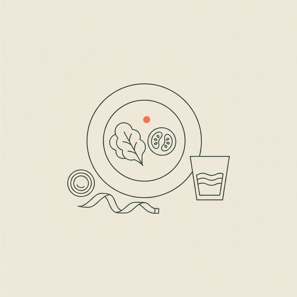 Minimal Tonum-style line illustration of a balanced plate, water glass, and measuring tape symbolizing healthy habits for how to lose belly fat quickly
