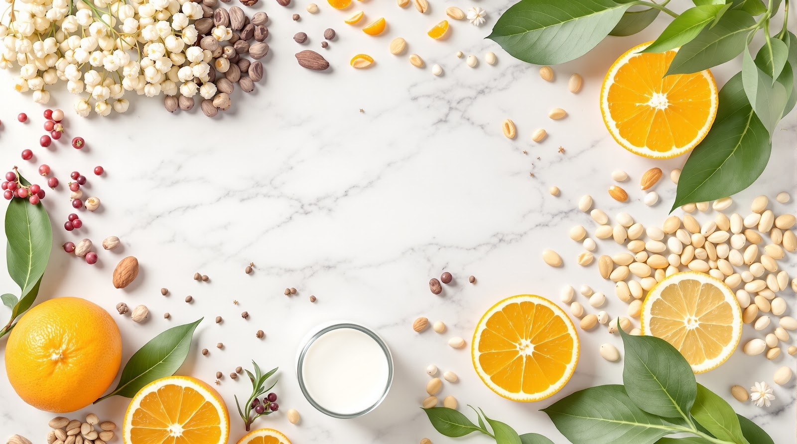 갱년기 증상별 맞춤 영양소 조합을 나타내는 다양한 건강 식재료 플랫레이