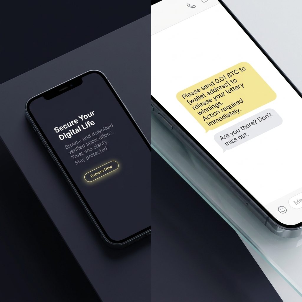 Split full frame image of a clean app store listing on the left and a suspicious chat asking for crypto on the right highlighting a fake betting app scam