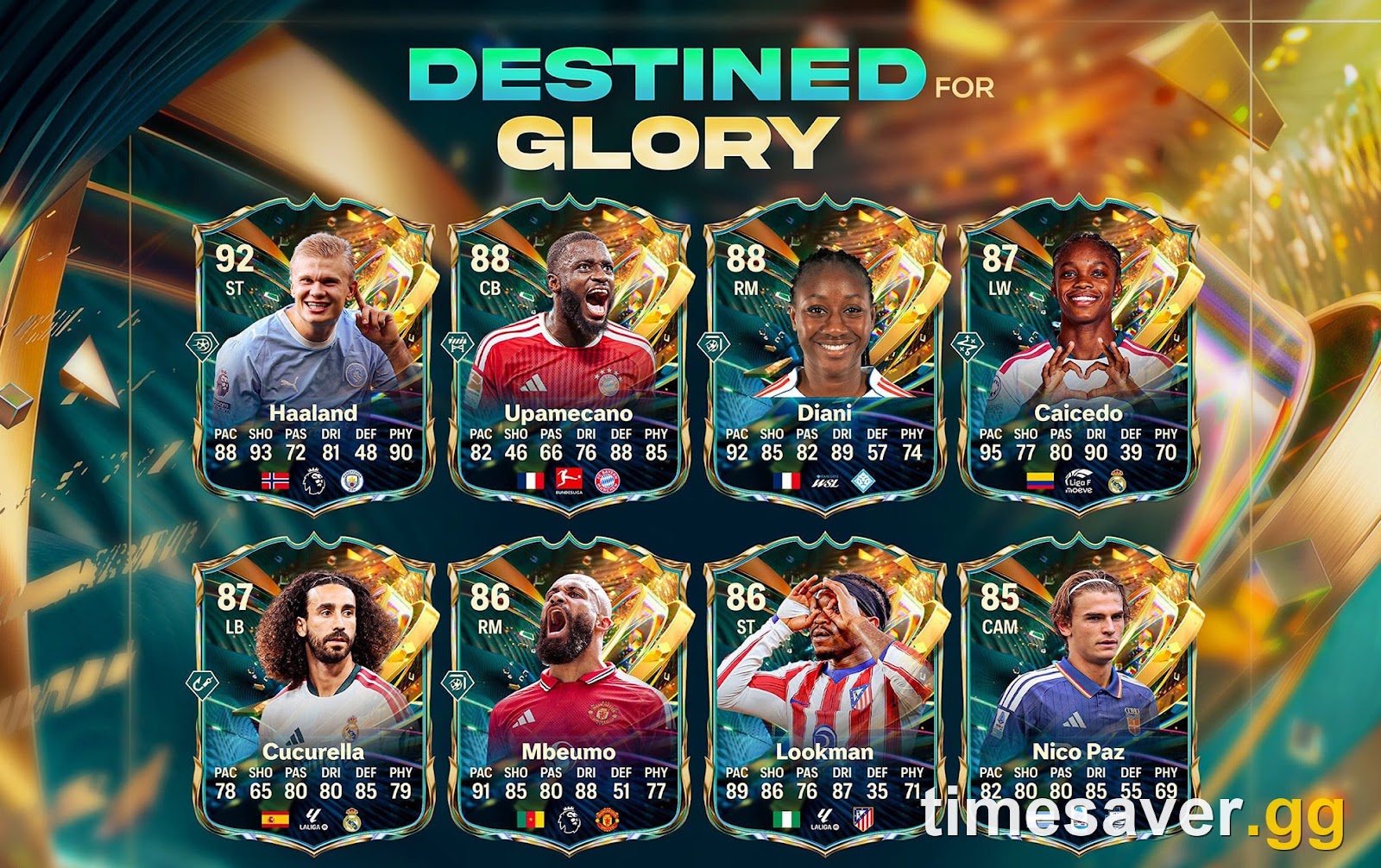 FC 27 Destined for Glory Team 2 squad graphic showing eight player cards including Haaland, Upamecano, Diani, and Caicedo with ratings and positions