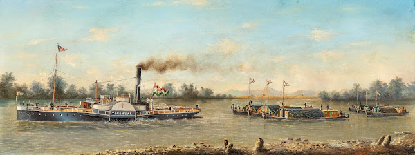Tugboat TORONTÁL with Ships and Barges on a Southern Hungarian River probably th