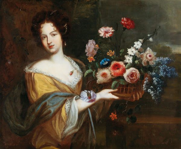 A Young Woman Carrying A Basket Of Flowers 17th Century