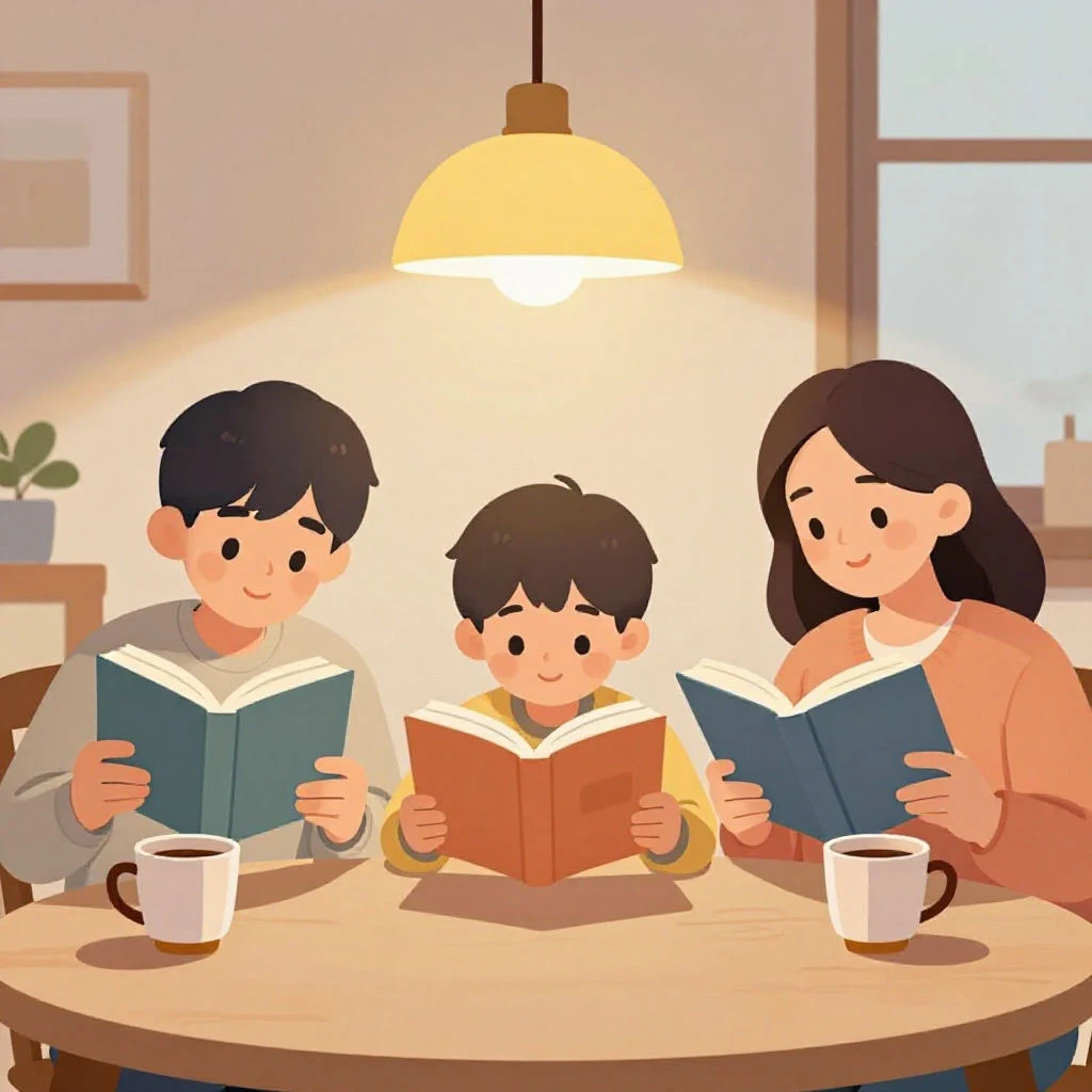 온 가족이 함께 각자의 책을 읽는 가족 독서 시간 장면