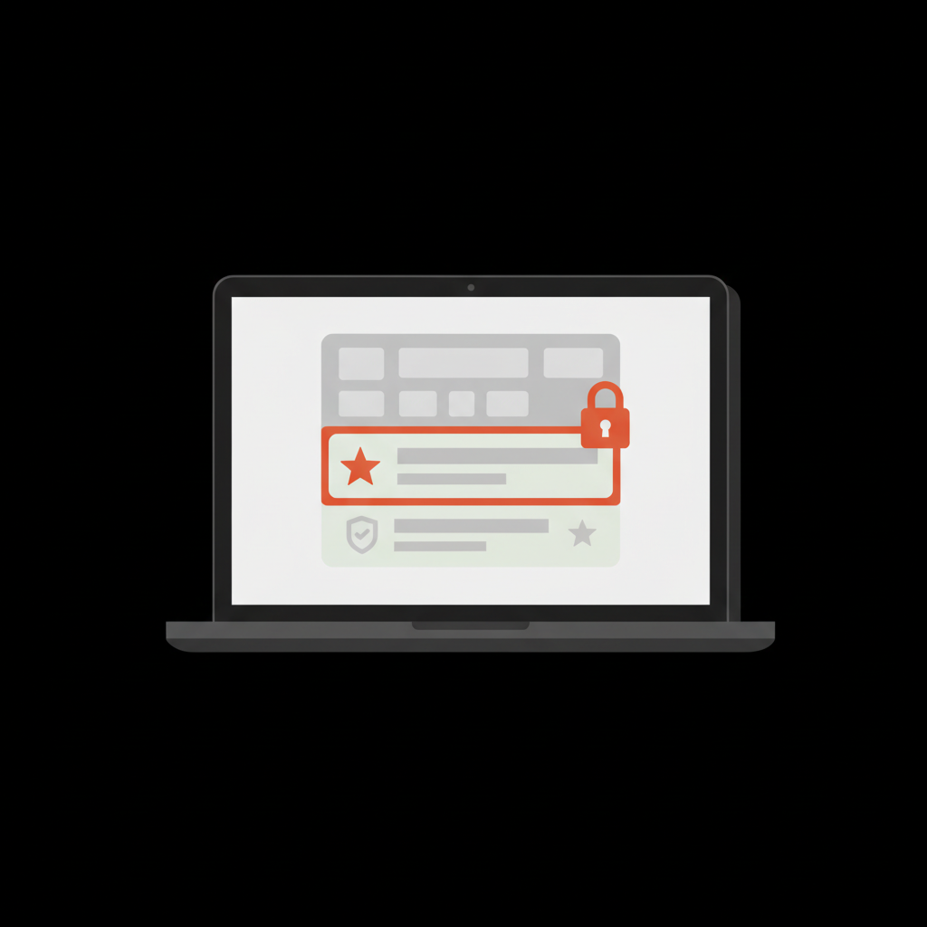 Minimal vector laptop showing a highlighted business review with a small padlock icon in Social Success Hub brand colors to illustrate remove negative Google reviews.