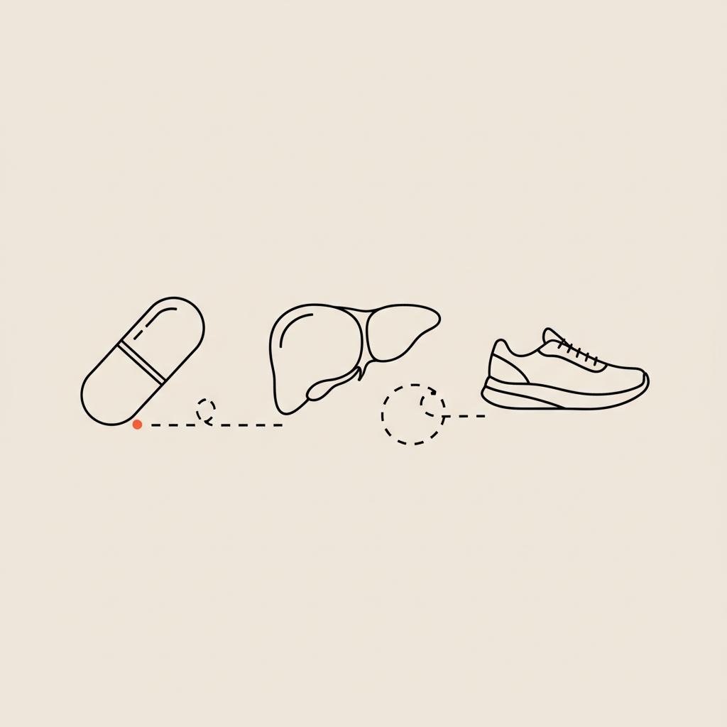Minimal Tonum-style line illustration of a capsule, stylized liver, and running shoe on beige background representing best exercise for fatty liver