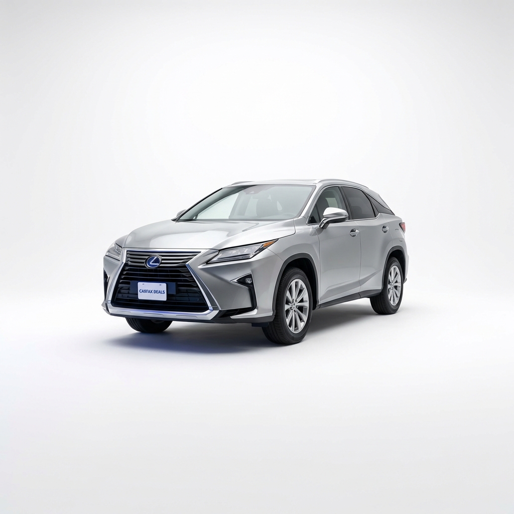 Full frame studio photo of a silver Lexus SUV with CarFax Deals blue accents on white background minimalist composition lexus suv for sale