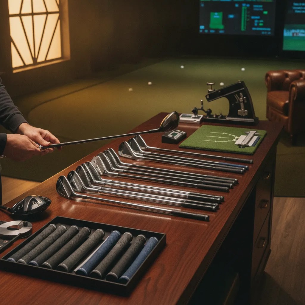 Professional fitting studio scene showing custom fitting cost golf with clubs shafts grips and measuring tools