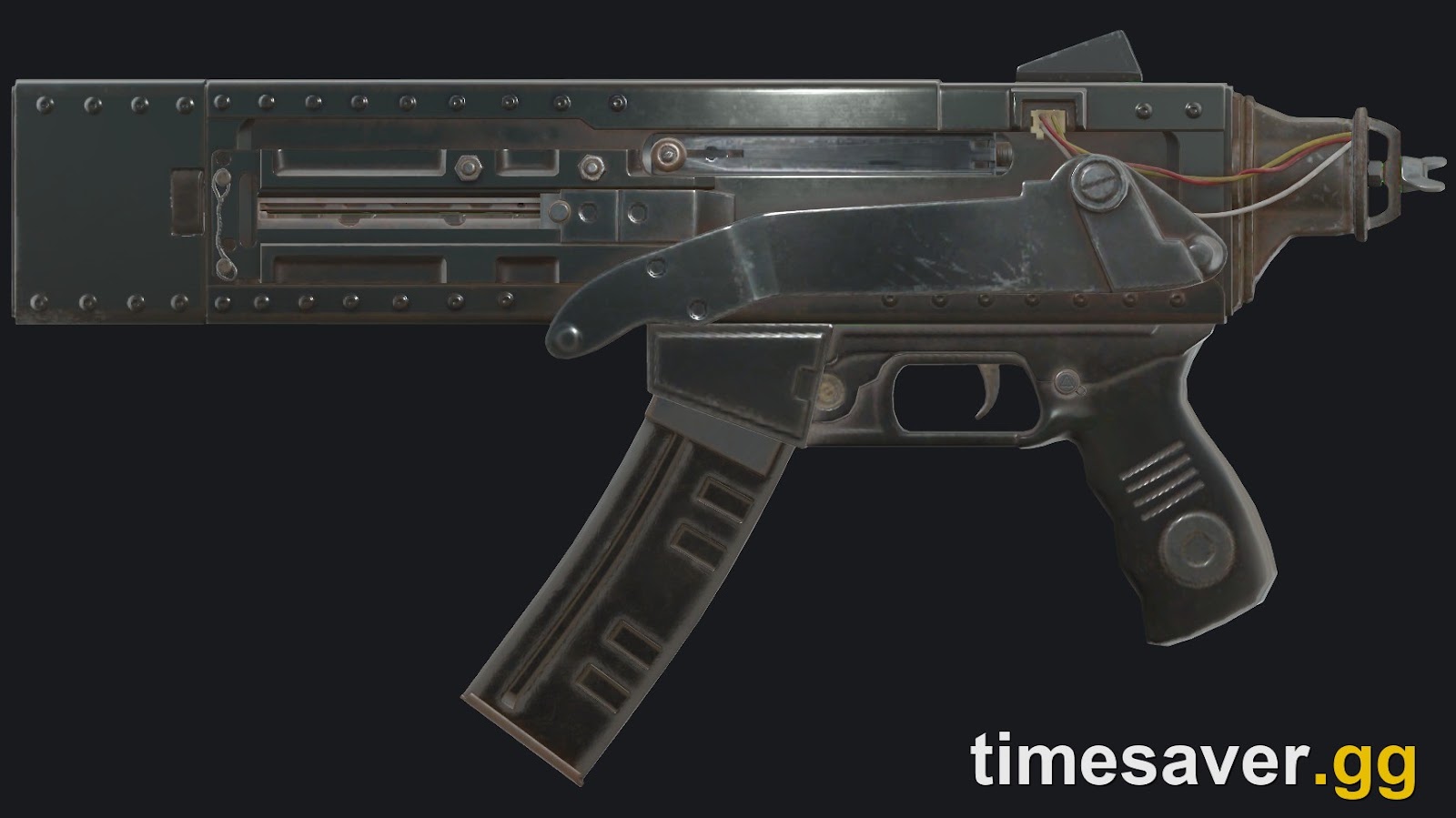 Fallout 76 10mm Submachine Gun side view with its 30-round magazine