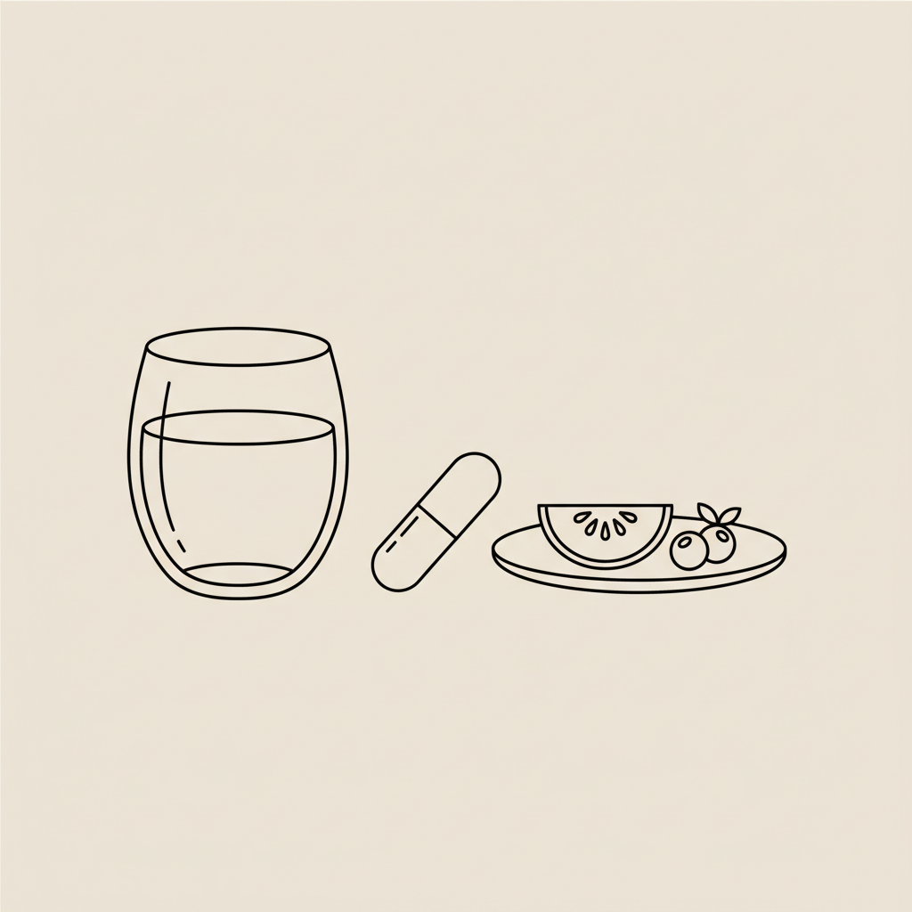 Minimalist 2D vector line illustration of a water glass, capsule, and small fruit plate on beige background, representing oral semaglutide and healthy hydration.