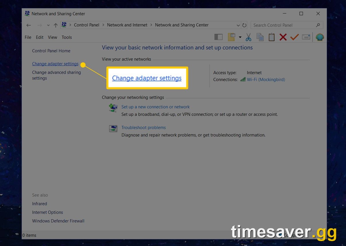 Windows Network and Sharing Center — 'Change adapter settings' is where you switch your DNS to Cloudflare 1.1.1.1 or Google 8.8.8.8 to clear a Battle.net route failure