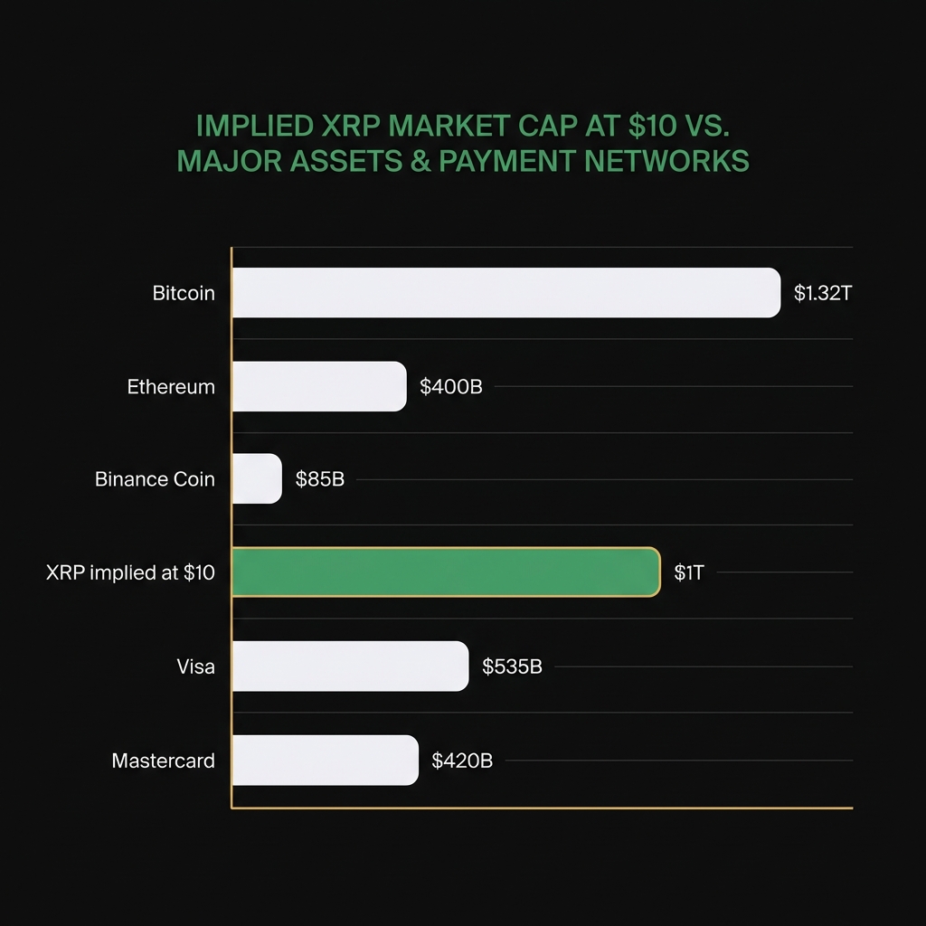 Minimal bar chart comparing implied XRP market cap at 10 to major crypto assets and payment networks in Finance Police style ripple shares price