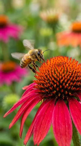 Bee in Flight Approaching Echinacea Flower