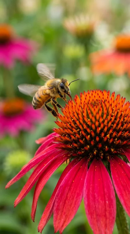 Bee in Flight Approaching Echinacea Flower