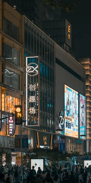 City Night, Urban Scene, Illuminated Signs, Retail Area 4K Wallpaper Background