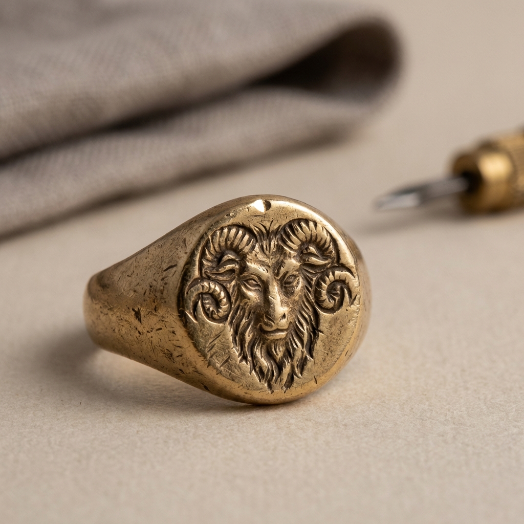 Macro view of a faun engraved ring signet band showing deep hand engraved tool marks and textured metal surface on a soft beige background #ede7da