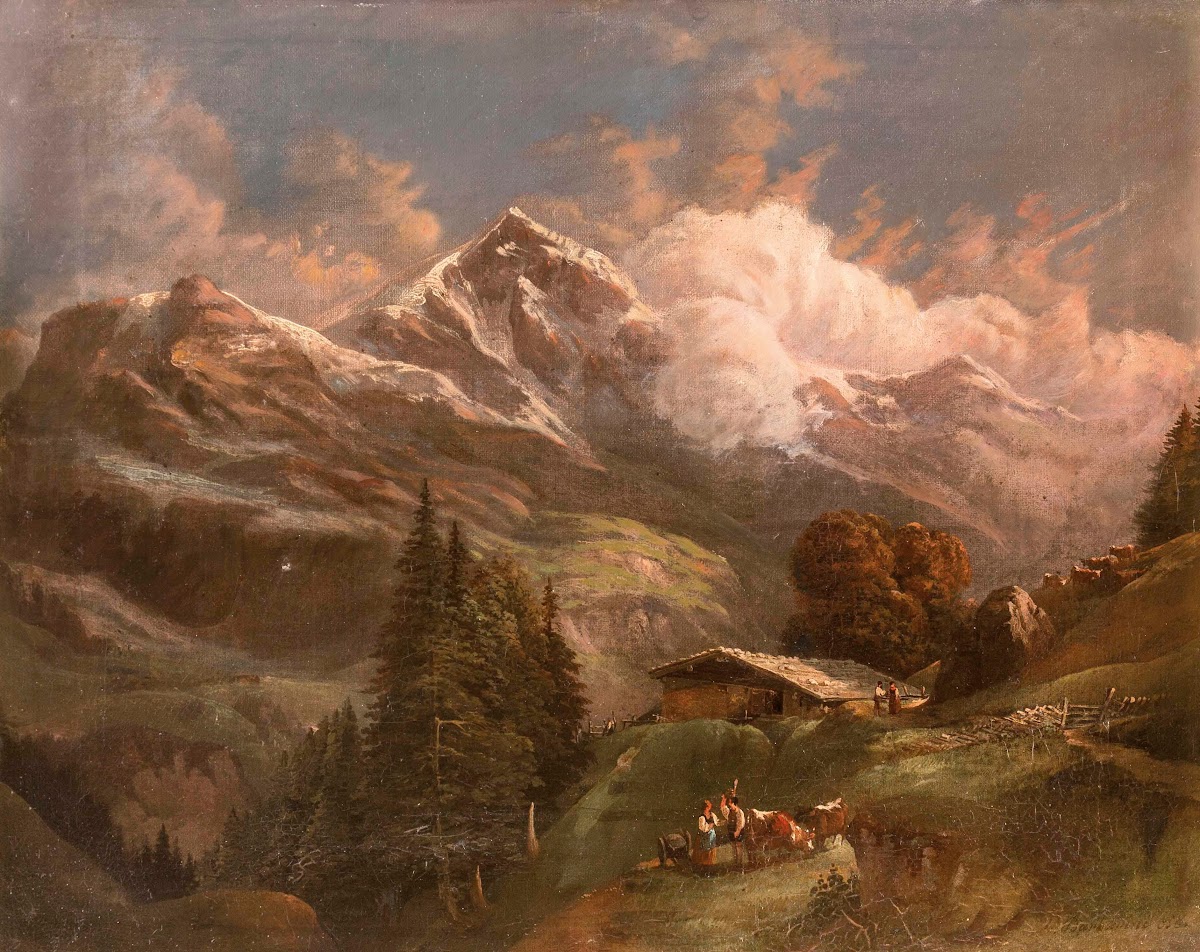 Belebte Hochalm mit Blick auf Alpengipfel 1858