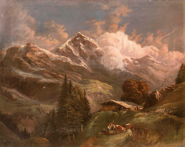Belebte Hochalm mit Blick auf Alpengipfel 1858