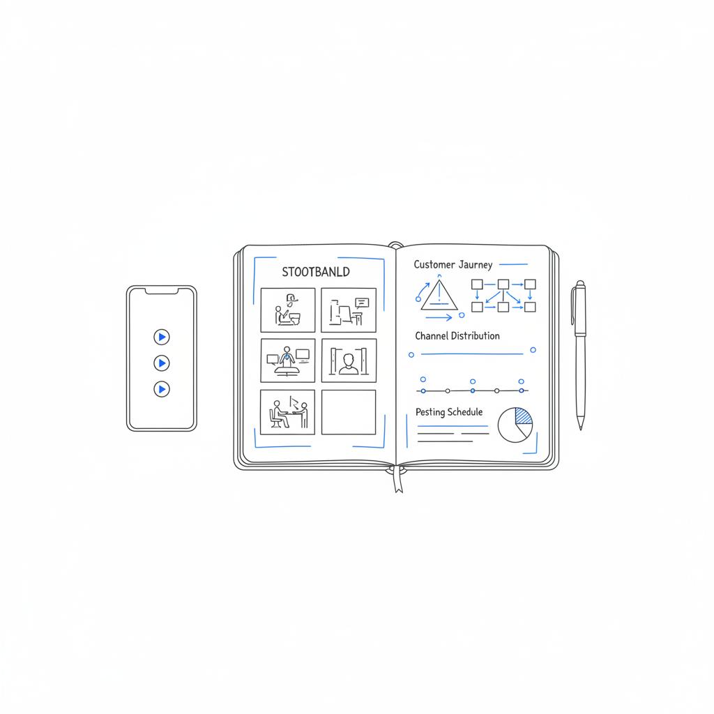Vector notebook and smartphone with storyboard grid and short-form video ideas, minimalist real estate marketing strategies visual in Agency Visible colors