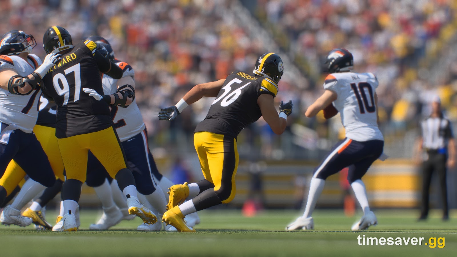 Madden NFL 27 defender bearing down on the quarterback for a sack
