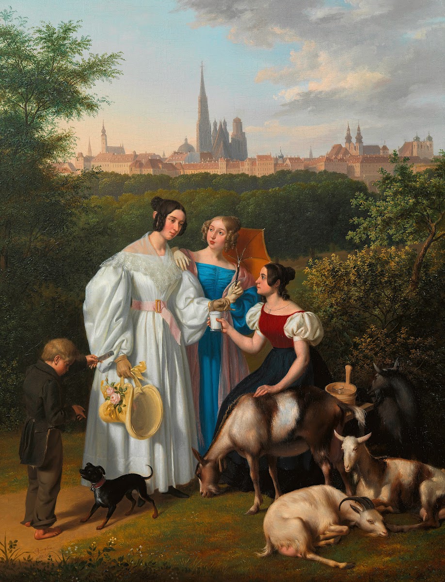 Genreszene auf dem Glacis mit Spaziergängerin Ziegenhirtin und Lottolosverkäufer