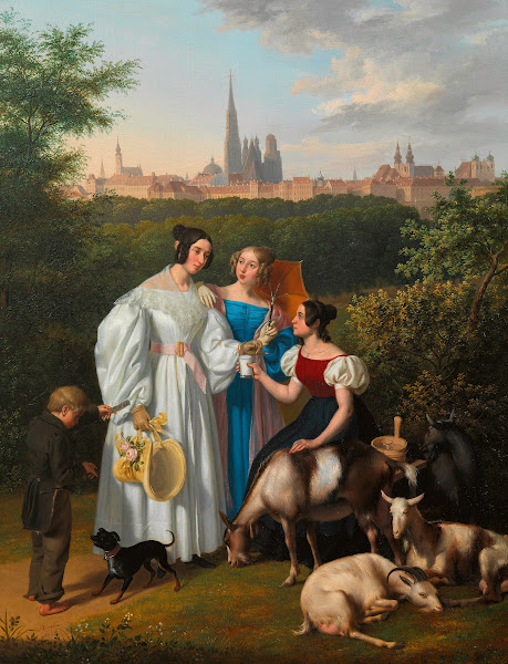 Genreszene auf dem Glacis mit Spaziergängerin Ziegenhirtin und Lottolosverkäufer