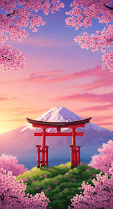 Vibrant Illustration of a Red Torii Gate, Cherry Blossoms, and Mount Fuji at Sunset