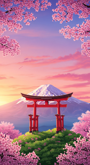 Vibrant Illustration of a Red Torii Gate, Cherry Blossoms, and Mount Fuji at Sunset - Free mobile Wallpaper