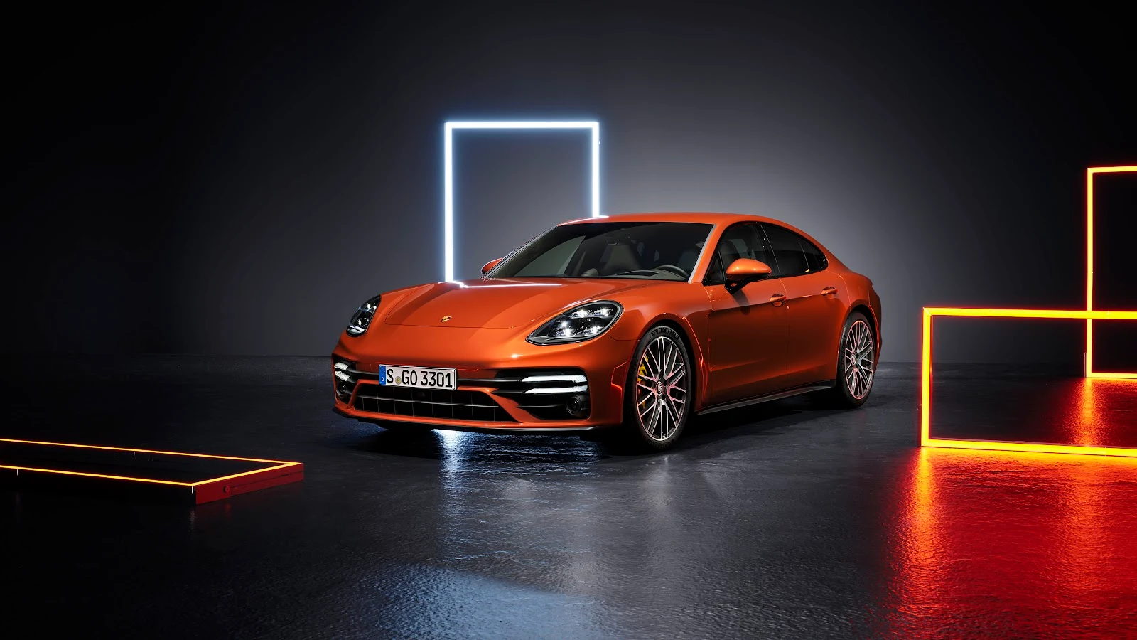 A Stunning Porsche Panamera, Car, Vehicle, Orange Cars, Spotlights 5K Desktop and Mobile Wallpaper Background (5120x2880)
