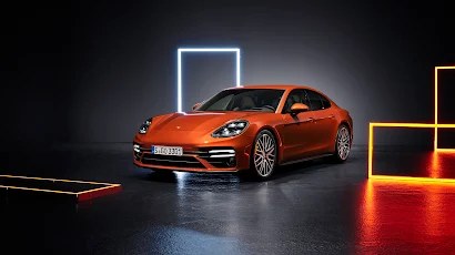 Porsche Panamera, Car, Vehicle, Orange Cars, Spotlights 5K Wallpaper Background