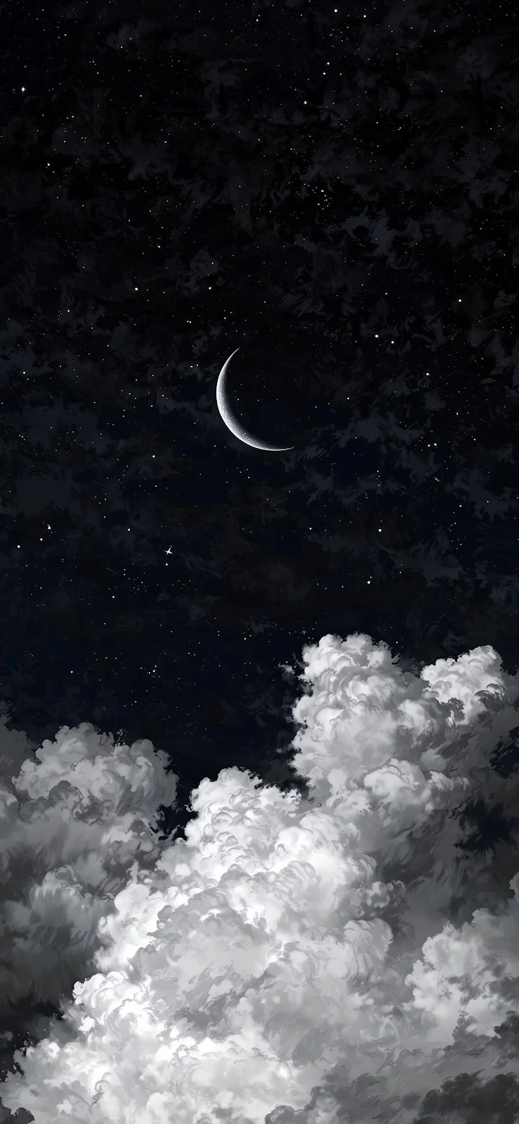 Crescent Moon Over White Clouds - Digital Art Full HD iPhone Wallpaper (1174x2543)
