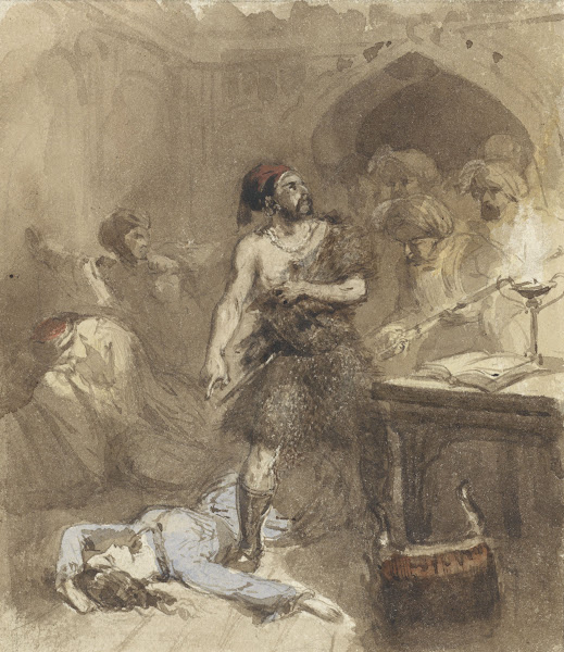 Man en op de grond liggende vrouw in een Moors vertrek 1824   1894