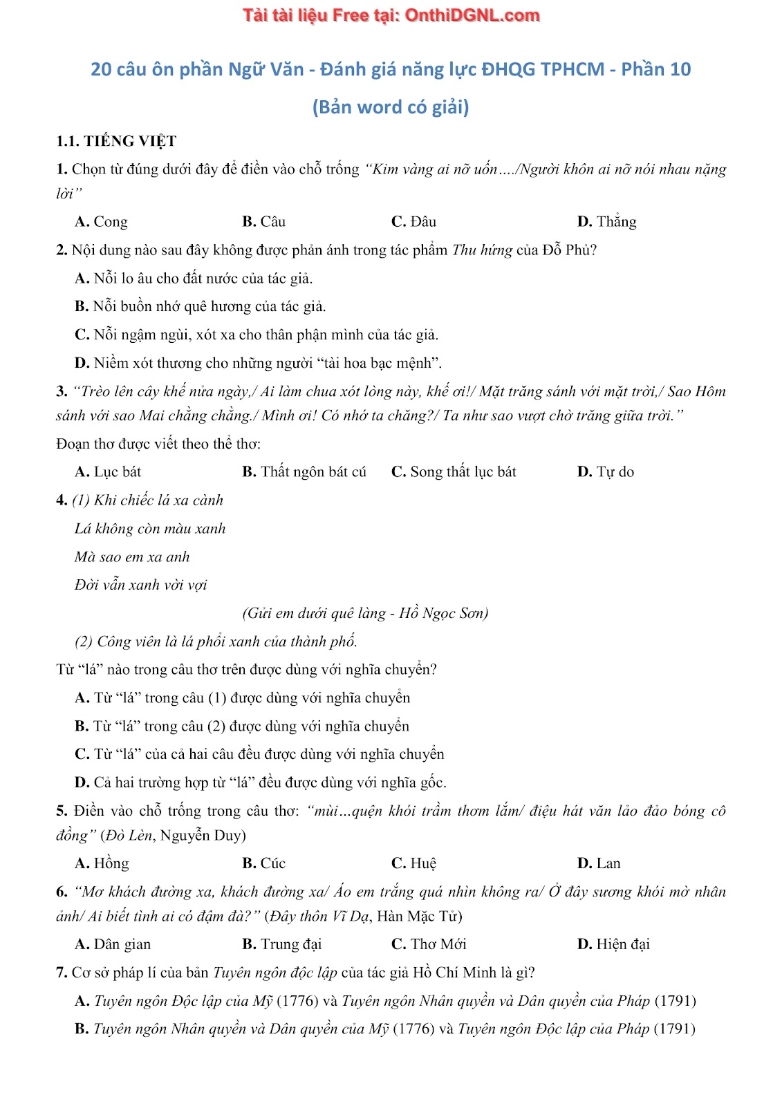 500 bài tập môn Ngữ Văn - Ôn thi ĐGNL ĐHQG TP HCM Phần 10