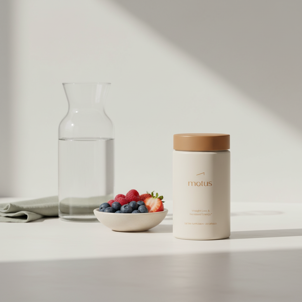 Minimalist kitchen scene with Tonum Motus container beside a glass carafe and bowl of berries, calm morning routine supporting weight loss — strongest herb for weight loss