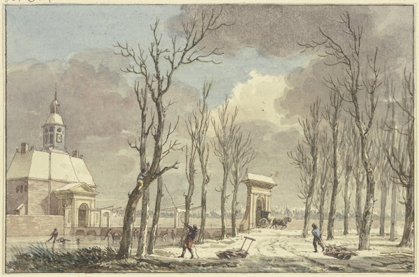 Stadttor mit Türmchen im Winter eine lange Brücke führt über den Kanal nach eine