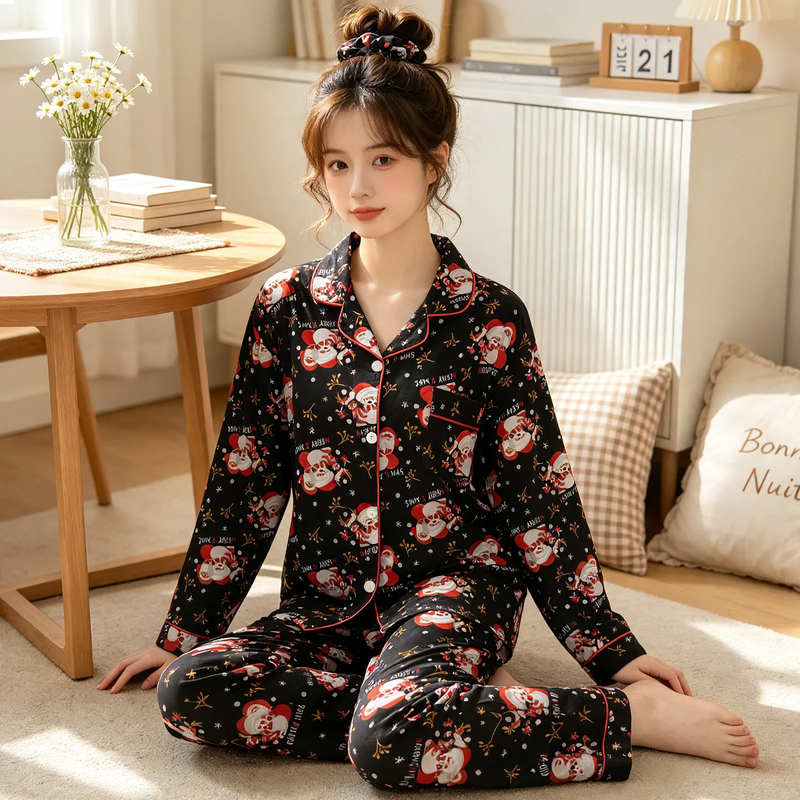 Women's pajamas, checkered, long sleeve, cotton imitation