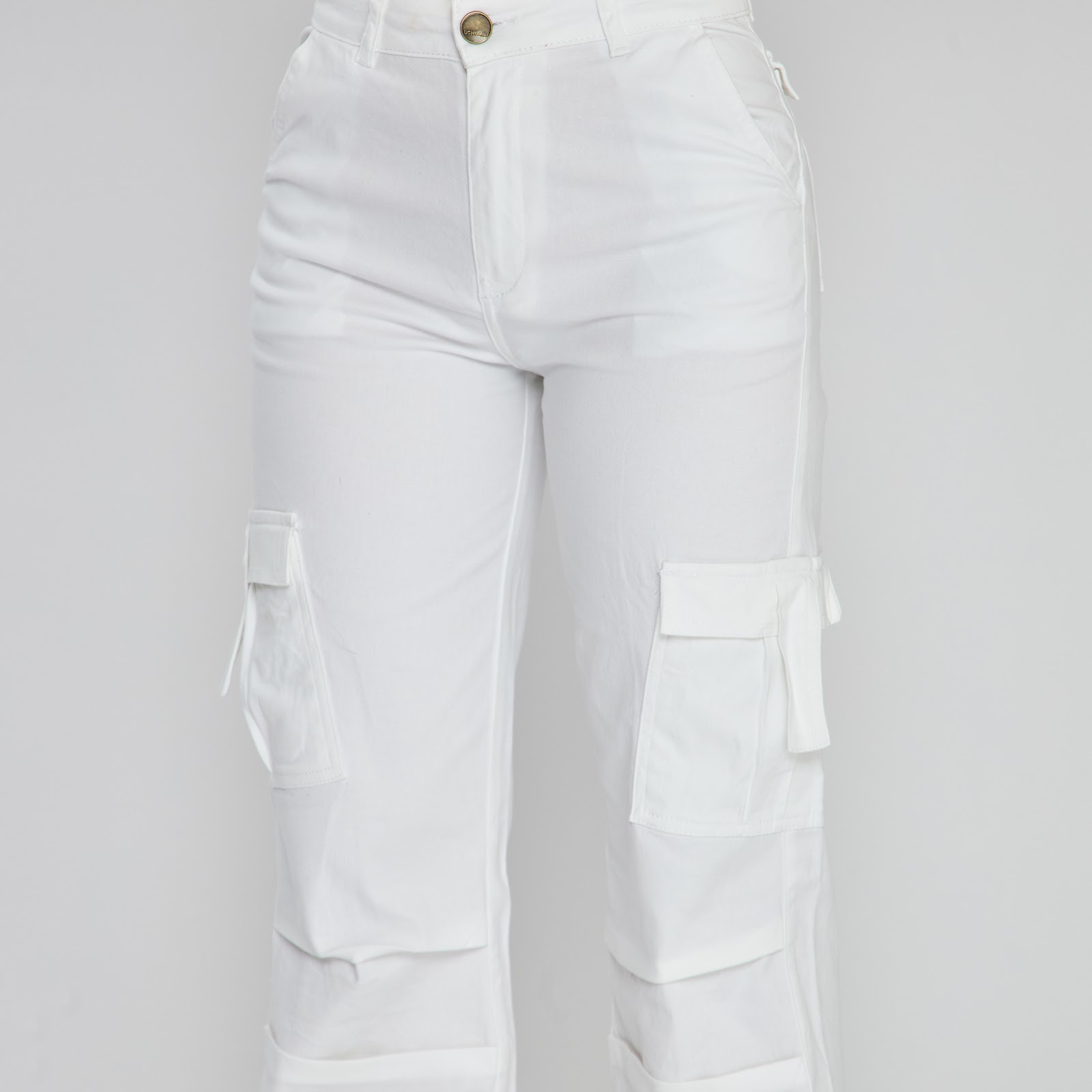 Pantalón cargo bota recta tiro alto en denim stretch, color blanco - Vista 12