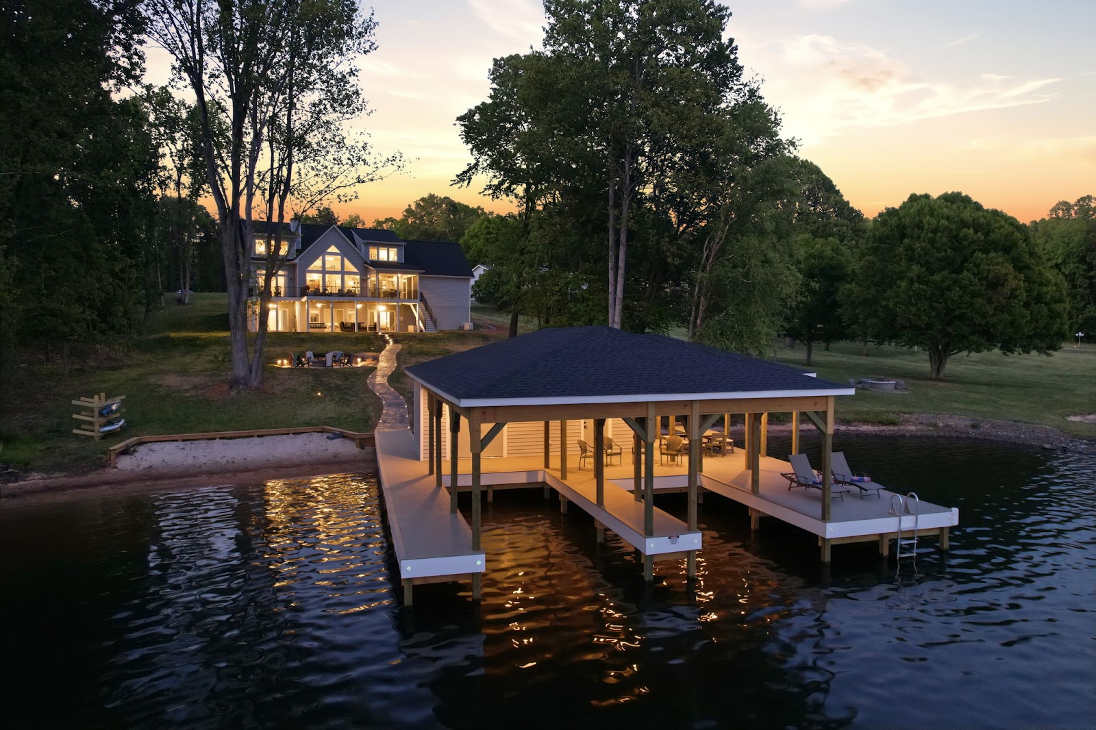 Dock and boathouse at dusk