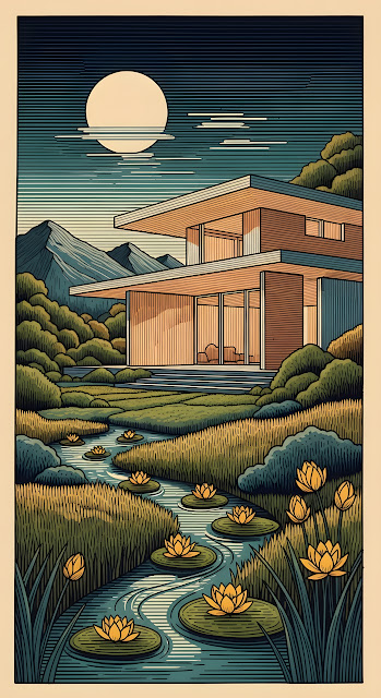 Modernist House by a Lily Pad Stream Under a Full Moon - Free mobile Wallpaper