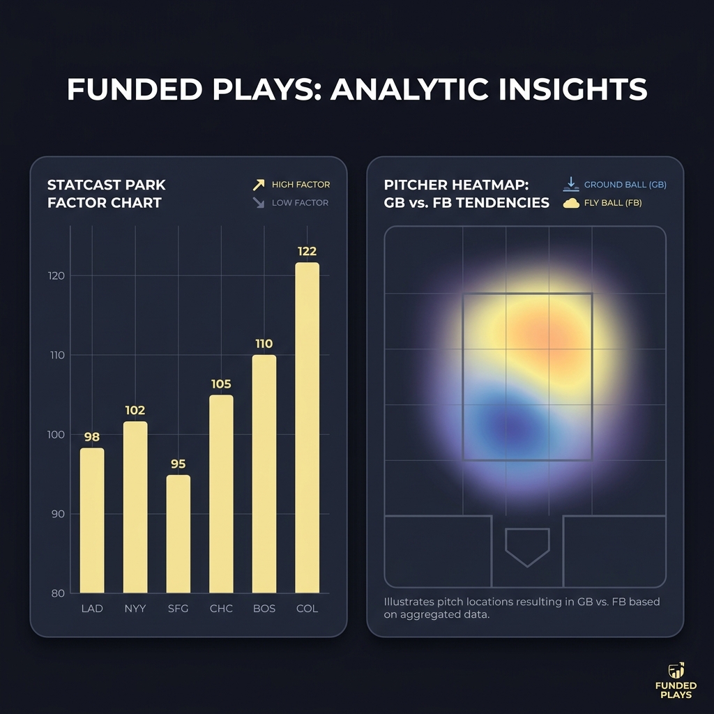 How Starting Pitchers Influence MLB Odds side by side Statcast park factor chart and pitcher heatmap showing ground ball versus fly ball tendencies on a Funded Plays dark branded background