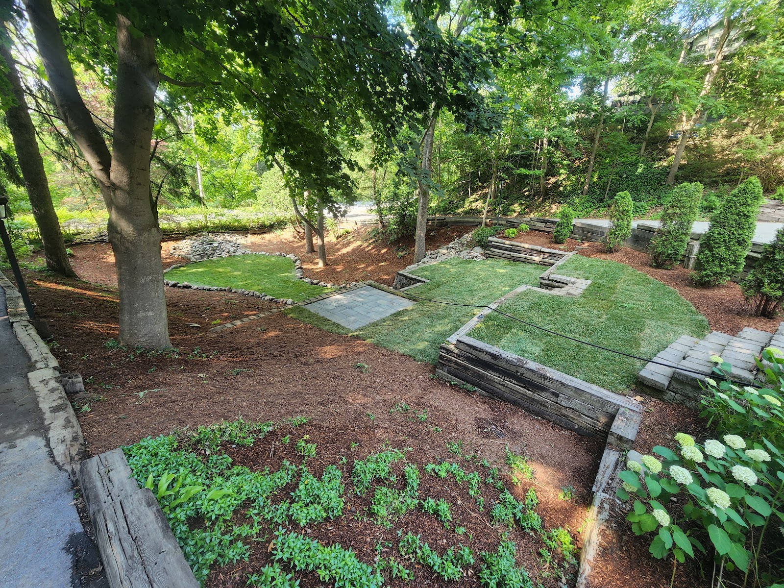 Outdoor living patio space with surrounding garden beds in London, Ontario