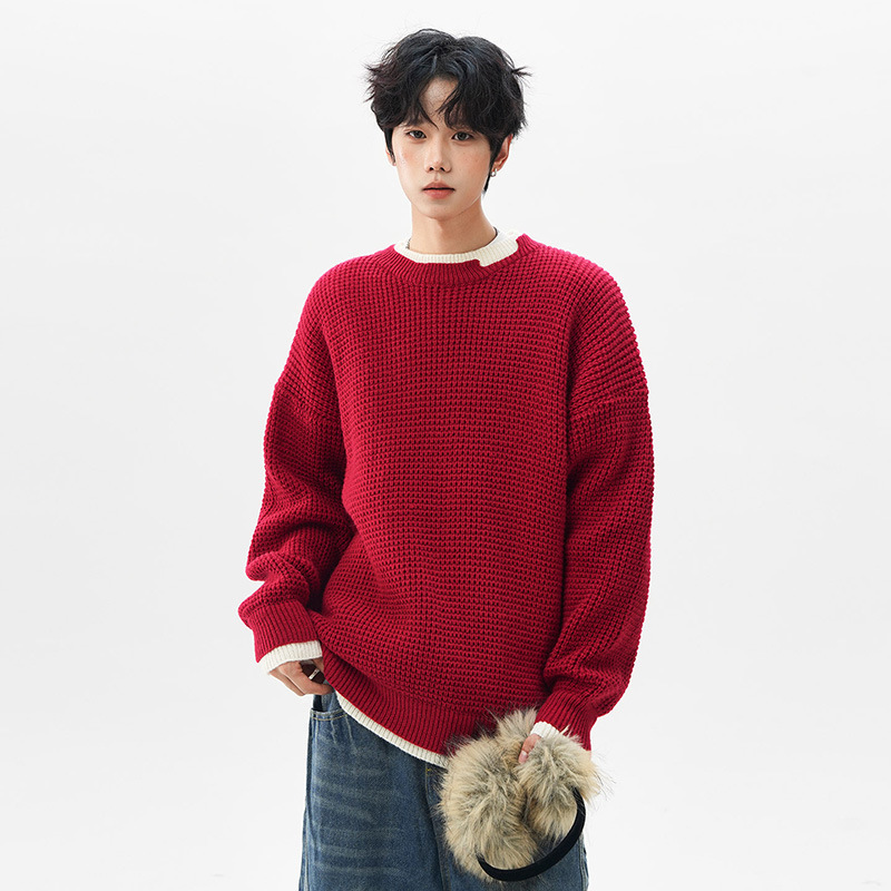 Men's knitted sweater with Henley neckline, Red