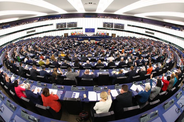 European Parliament establishing EU ETS in a huge and packed conference room