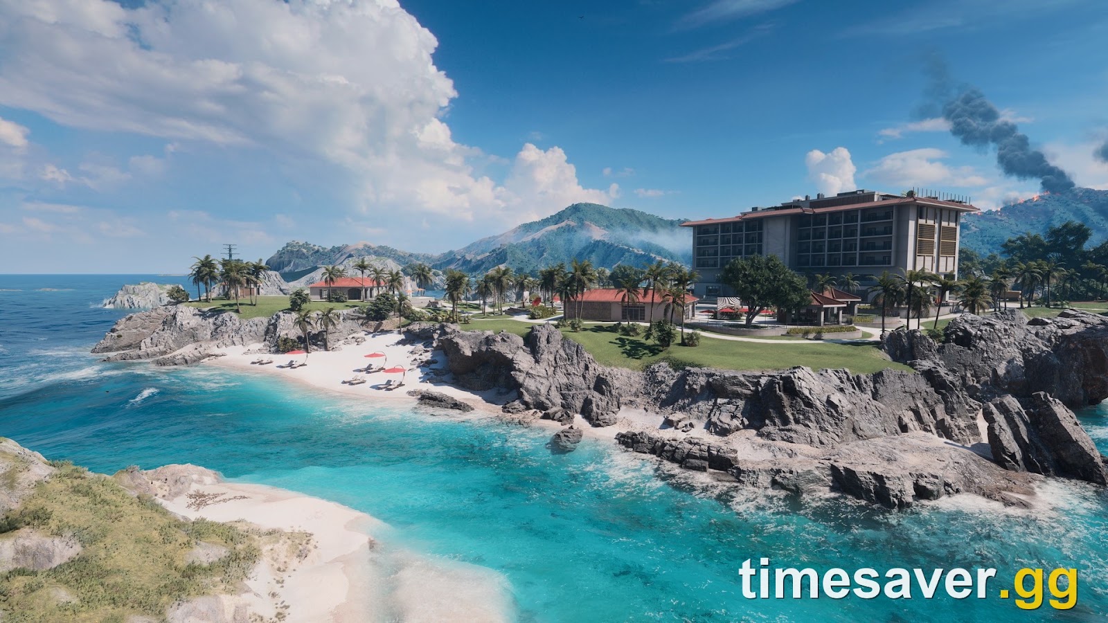 Battlefield 6 Tsuru Reef map vista showing shallow turquoise water, a rocky coastline and a cliffside hotel