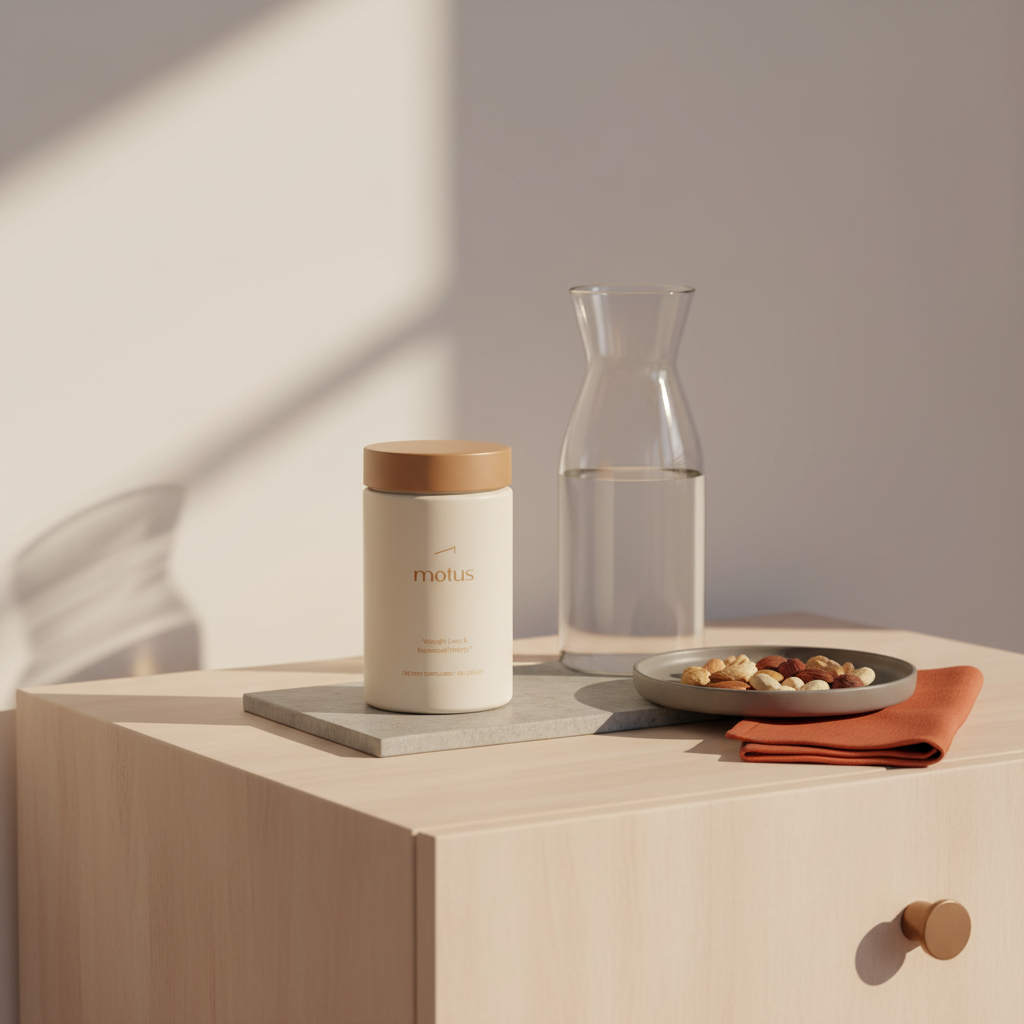 Minimalist bedside with Motus jar, glass carafe and small plate of nuts, suggesting routine for what vitamin will speed up my metabolism.